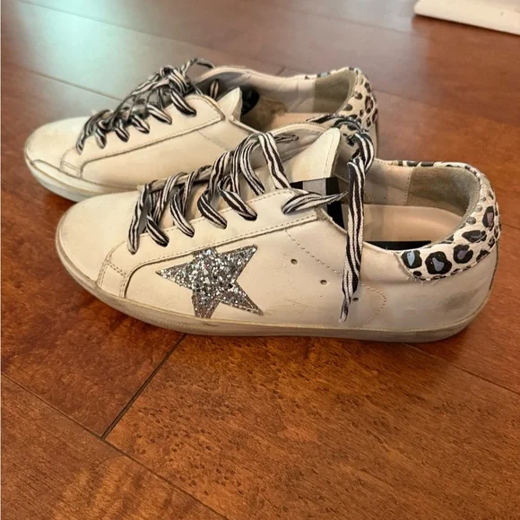 Golden Goose White Sneakers with Glitter Star and Animal Print 7.5 - Picture 1 of 5